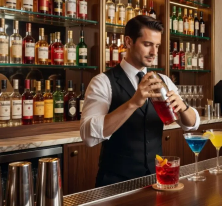 Nowoczesny bar w DOMINIKA WARYKIEWICZ Rue Cambon z kolorowymi drinkami na blacie