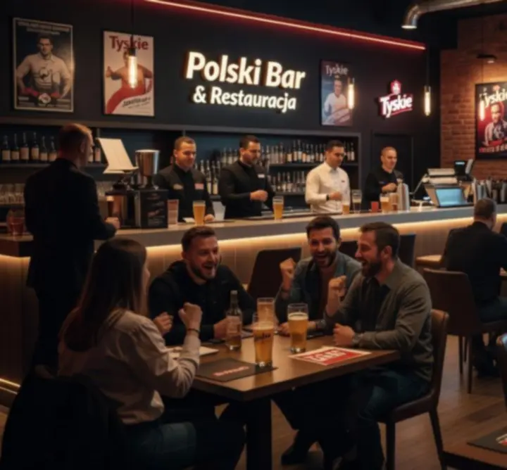 Bar sportowy DOMINIKA WARYKIEWICZ Rue Cambon z dużym ekranem i kibicami oglądającymi mecz